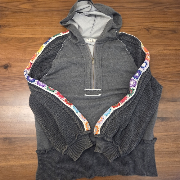 POL Half Zip Grey Hoodie with Boho Grandmacore Crochet Sleeves, Size Small - Picture 11 of 11